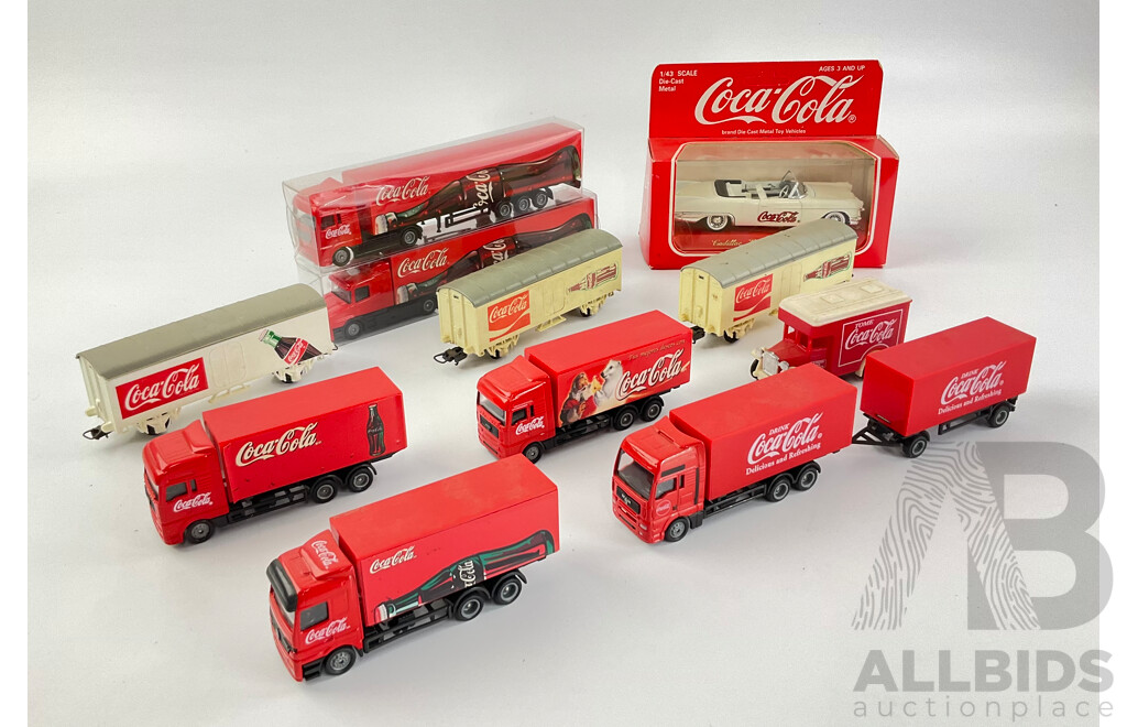 Collection of Coca Cola Diecast Trucks, Rail Carriages and Car