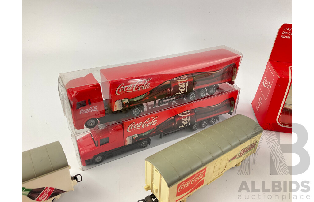 Collection of Coca Cola Diecast Trucks, Rail Carriages and Car