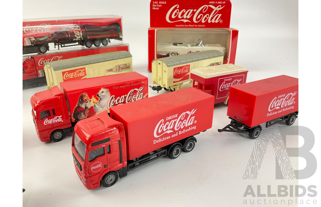 Collection of Coca Cola Diecast Trucks, Rail Carriages and Car