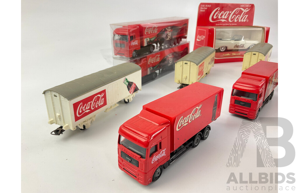 Collection of Coca Cola Diecast Trucks, Rail Carriages and Car