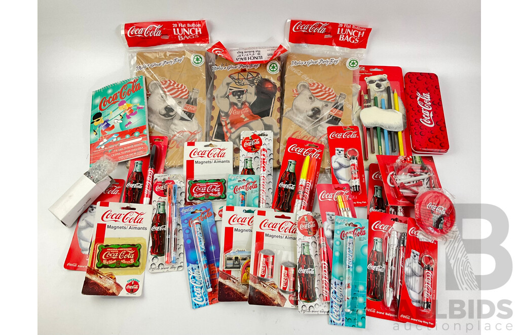 Collection of Coca Cola Stationary Including Pens, Pencils, Case, Pad, Lunch Bags and More