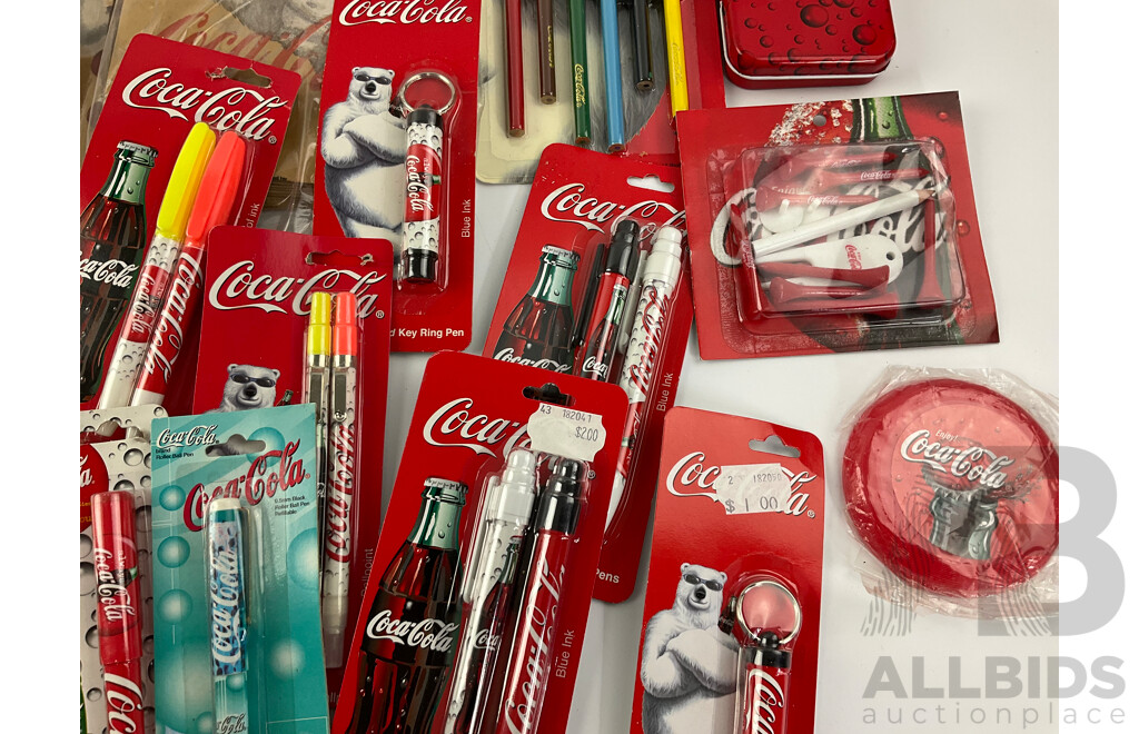 Collection of Coca Cola Stationary Including Pens, Pencils, Case, Pad, Lunch Bags and More