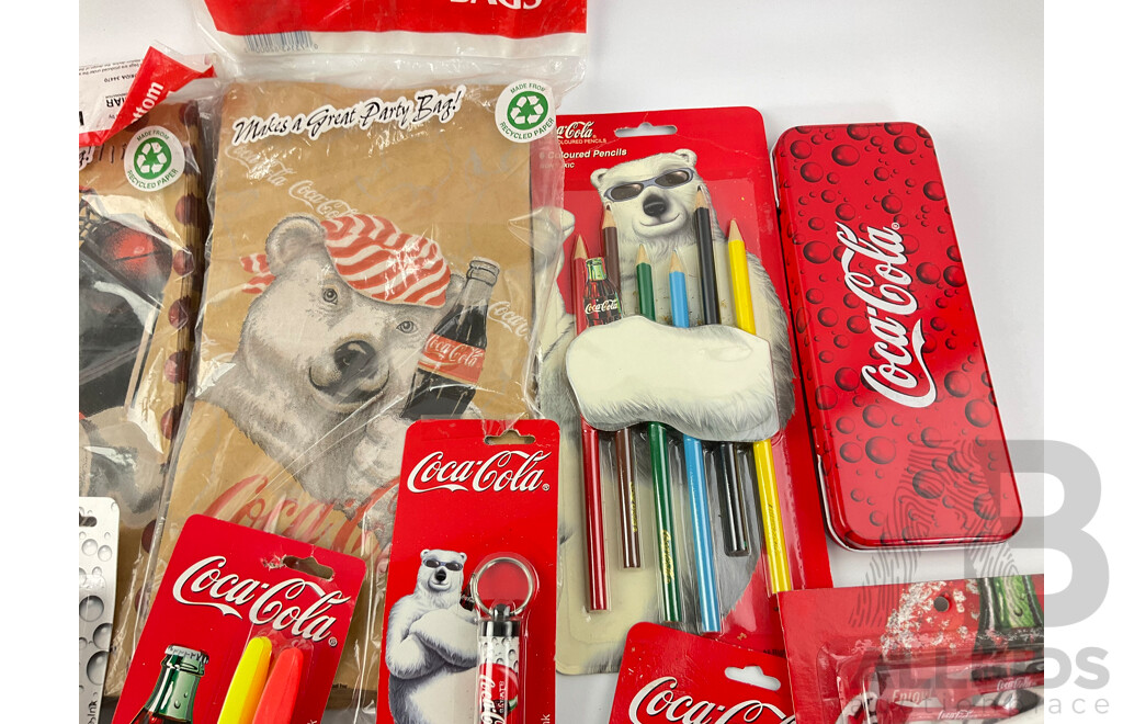 Collection of Coca Cola Stationary Including Pens, Pencils, Case, Pad, Lunch Bags and More