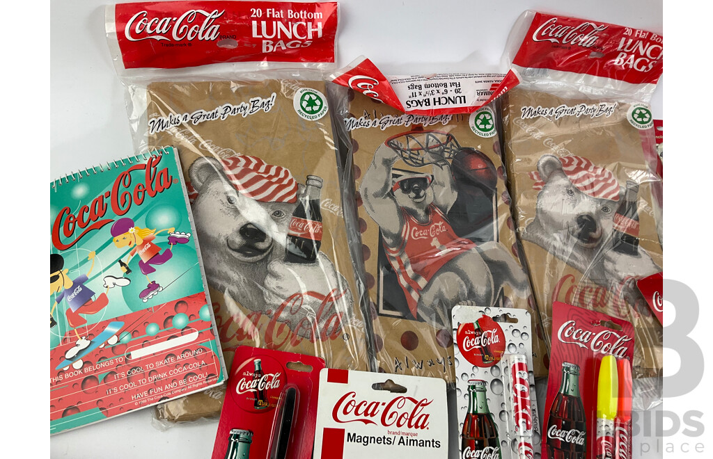 Collection of Coca Cola Stationary Including Pens, Pencils, Case, Pad, Lunch Bags and More