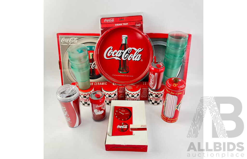 Collection of Coca Cola Cups, Mugs, Drink Trays, Straws and Clock