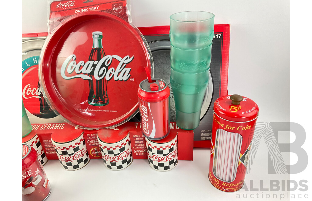 Collection of Coca Cola Cups, Mugs, Drink Trays, Straws and Clock