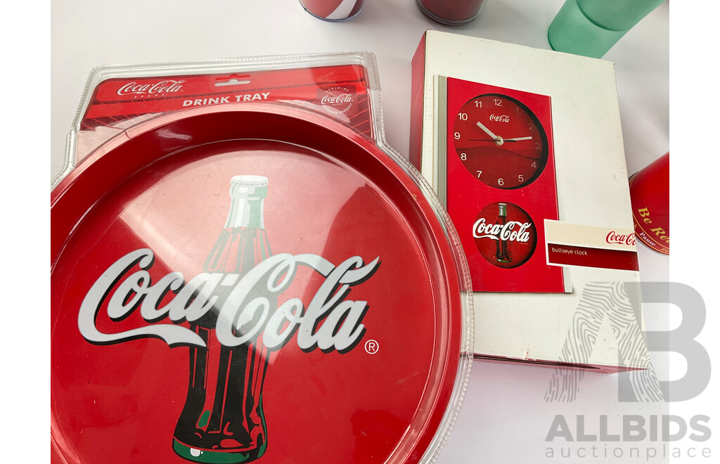 Collection of Coca Cola Cups, Mugs, Drink Trays, Straws and Clock