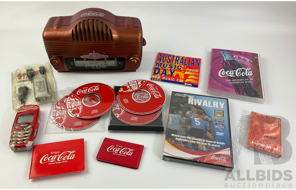 Coca Cola Vintage Style Radio, Pocket Calculator, Mobile Phone, 1990's Cassette and Cd's