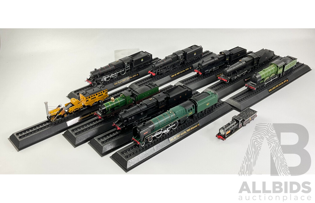 Collection of United Kingdom Display Steam Locomotives Including 1951 BR '7MT' 70000 Ritania, 1829 Stephenson's Rocket, 1928 LNER 'B12' 8572 and More