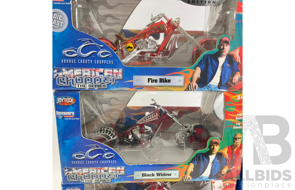 Eight Joy Ride 2005 Diecast American Chopper Models Including Fire Bike(2), Black Widow(2), Jet Bike(2) Custom Ridid, POW/MIA Chopper, 1:18 Scale