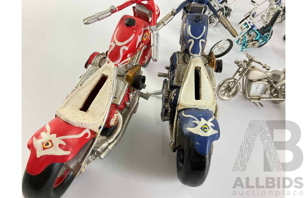 Collection of Model Choppers Including Desk Top Clocks and Money Box Examples