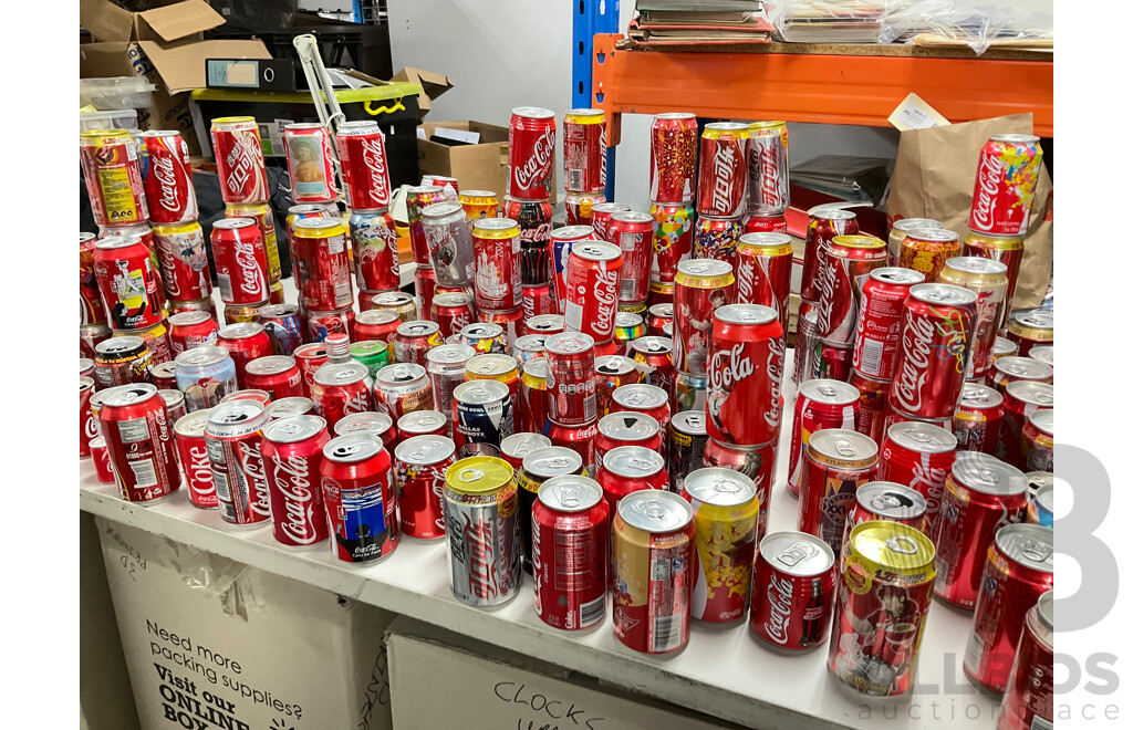 Large Collection of Coca Cola Commemorative and Intentional Cans Including Olympics, World Cup, Superbowl, Vintage Steel and More