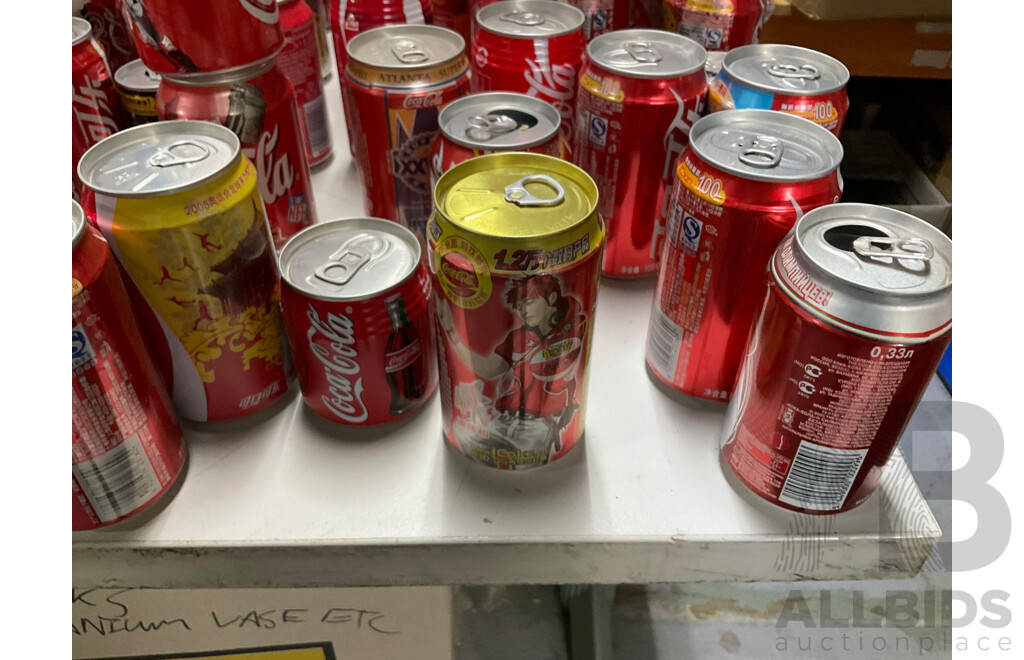 Large Collection of Coca Cola Commemorative and Intentional Cans Including Olympics, World Cup, Superbowl, Vintage Steel and More