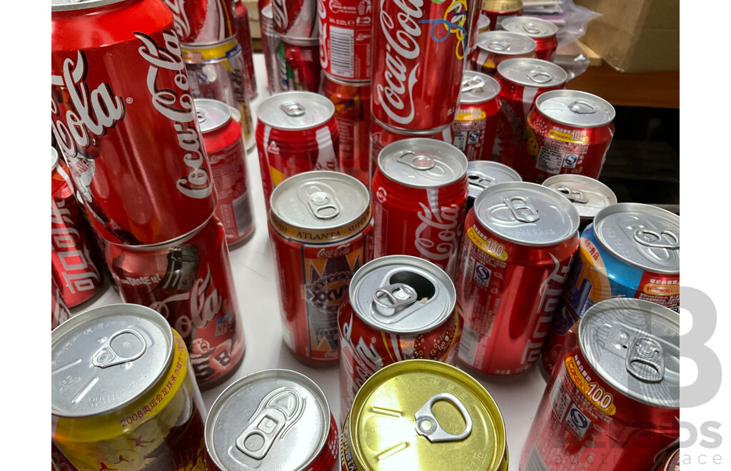 Large Collection of Coca Cola Commemorative and Intentional Cans Including Olympics, World Cup, Superbowl, Vintage Steel and More