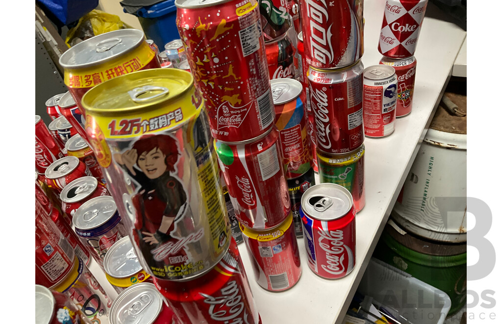 Large Collection of Coca Cola Commemorative and Intentional Cans Including Olympics, World Cup, Superbowl, Vintage Steel and More