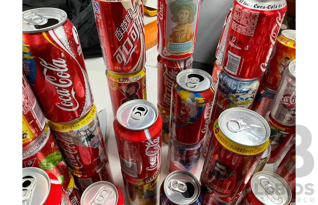 Large Collection of Coca Cola Commemorative and Intentional Cans Including Olympics, World Cup, Superbowl, Vintage Steel and More