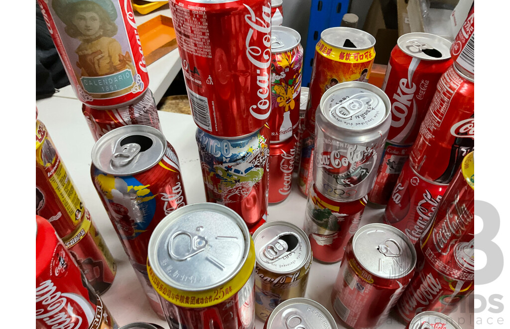 Large Collection of Coca Cola Commemorative and Intentional Cans Including Olympics, World Cup, Superbowl, Vintage Steel and More