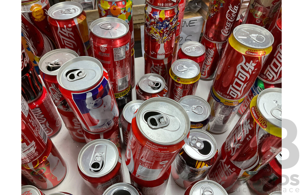 Large Collection of Coca Cola Commemorative and Intentional Cans Including Olympics, World Cup, Superbowl, Vintage Steel and More