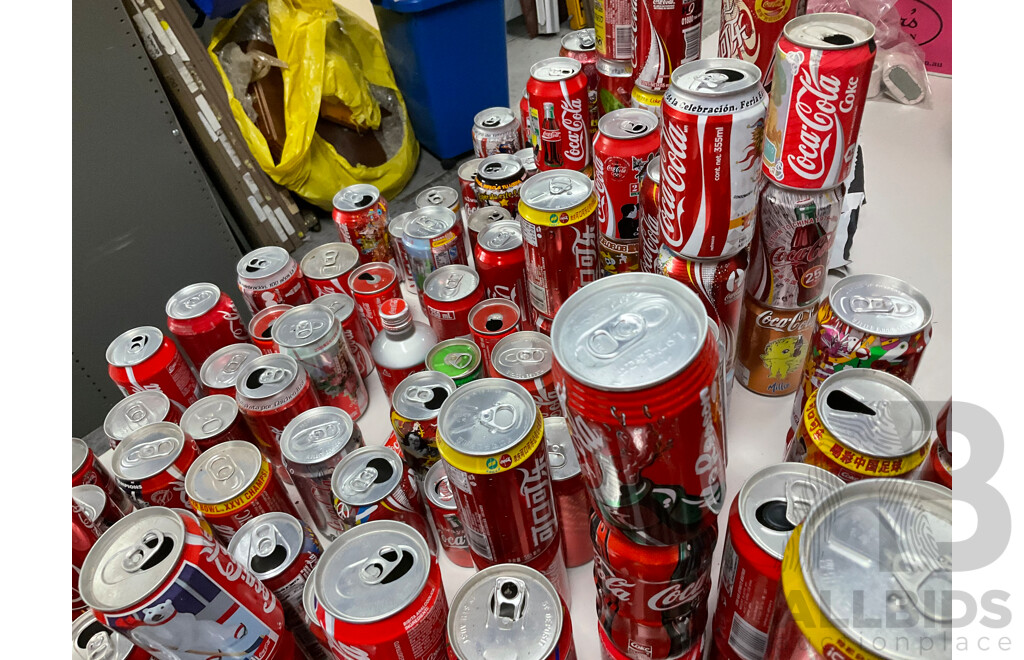 Large Collection of Coca Cola Commemorative and Intentional Cans Including Olympics, World Cup, Superbowl, Vintage Steel and More