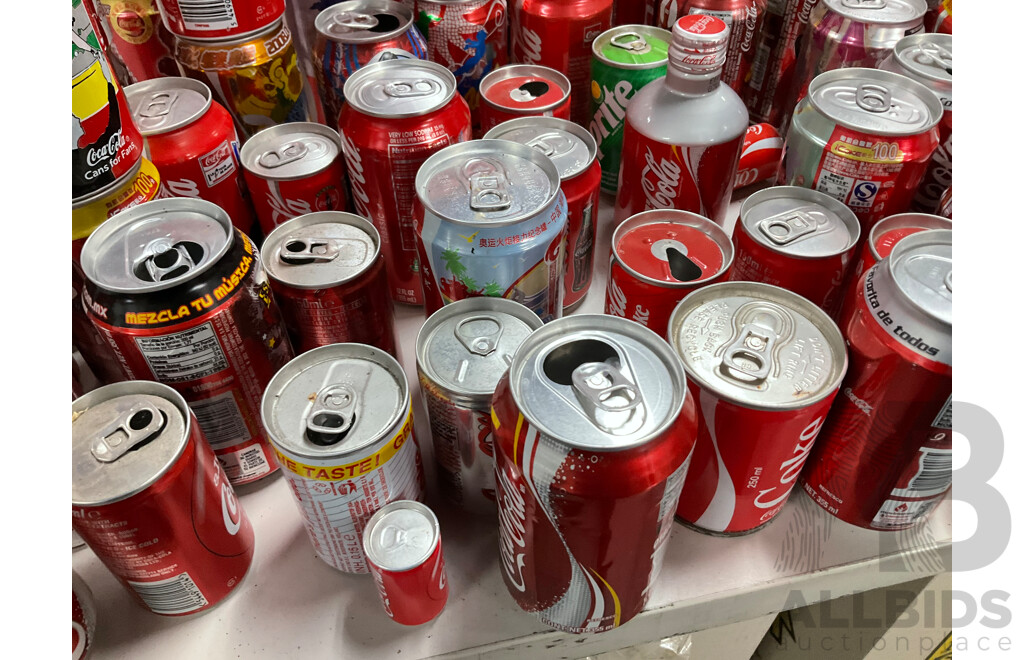 Large Collection of Coca Cola Commemorative and Intentional Cans Including Olympics, World Cup, Superbowl, Vintage Steel and More