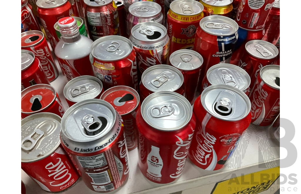 Large Collection of Coca Cola Commemorative and Intentional Cans Including Olympics, World Cup, Superbowl, Vintage Steel and More