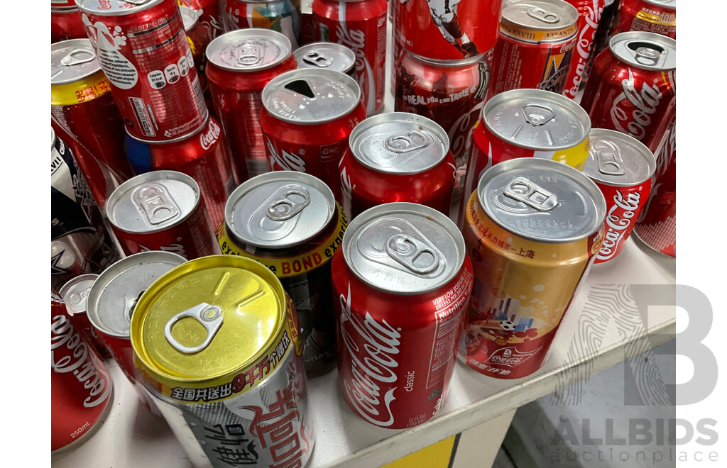 Large Collection of Coca Cola Commemorative and Intentional Cans Including Olympics, World Cup, Superbowl, Vintage Steel and More