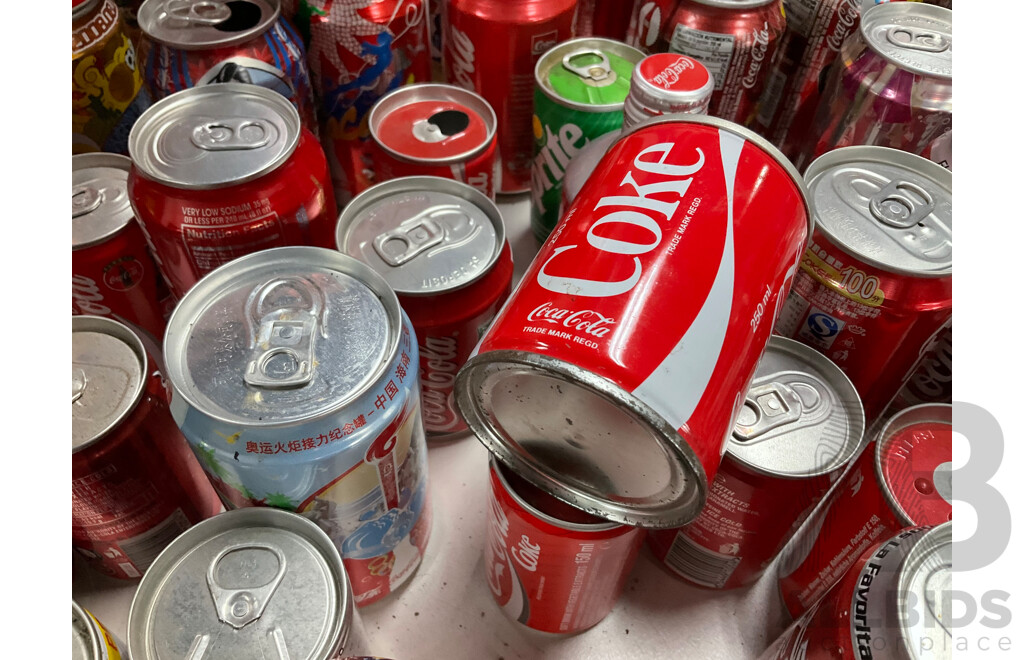 Large Collection of Coca Cola Commemorative and Intentional Cans Including Olympics, World Cup, Superbowl, Vintage Steel and More