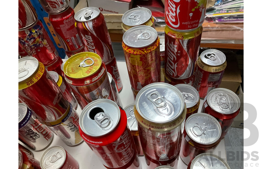 Large Collection of Coca Cola Commemorative and Intentional Cans Including Olympics, World Cup, Superbowl, Vintage Steel and More