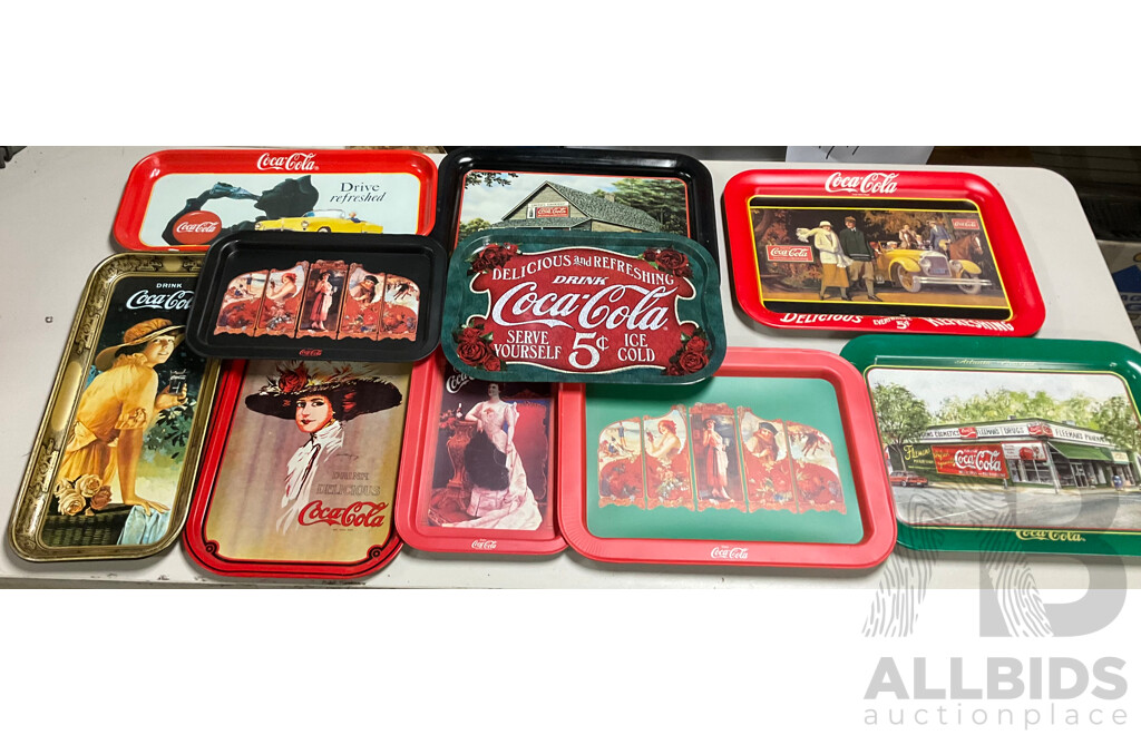 Ten Coca Cola Steel Serving Trays Including Drive Refreshed and Atlanta Georgia