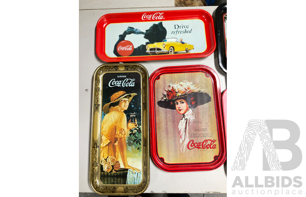 Ten Coca Cola Steel Serving Trays Including Drive Refreshed and Atlanta Georgia