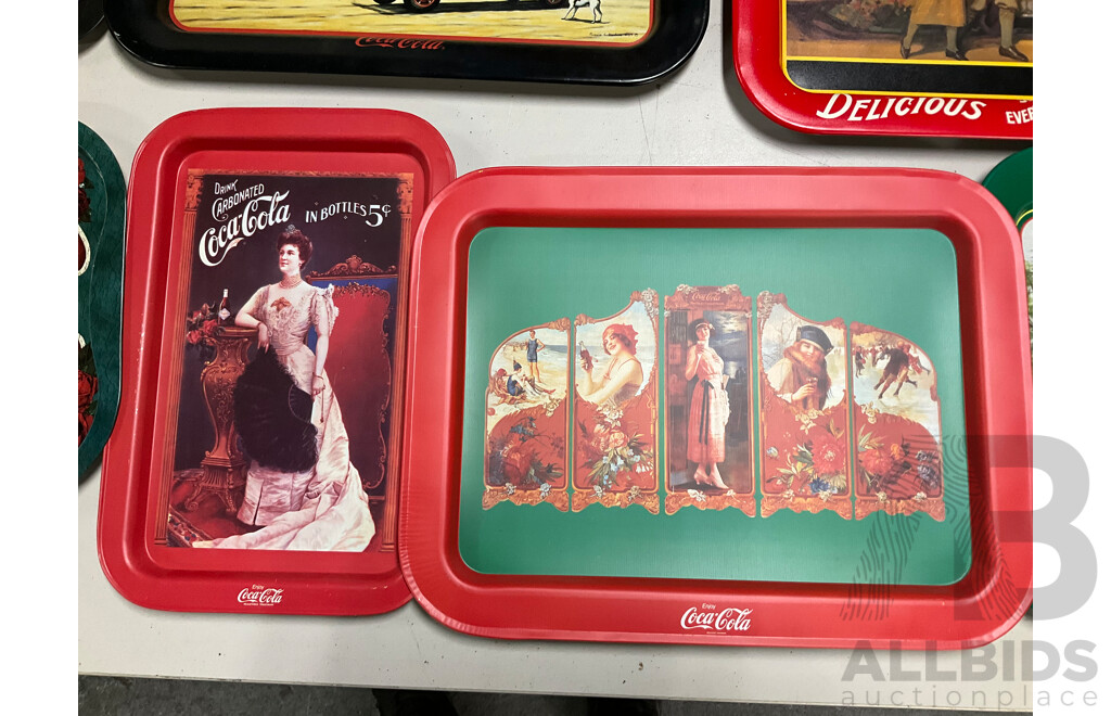 Ten Coca Cola Steel Serving Trays Including Drive Refreshed and Atlanta Georgia