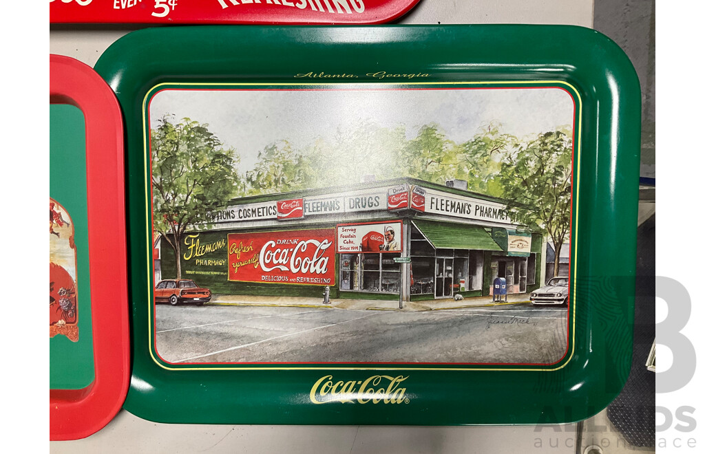 Ten Coca Cola Steel Serving Trays Including Drive Refreshed and Atlanta Georgia