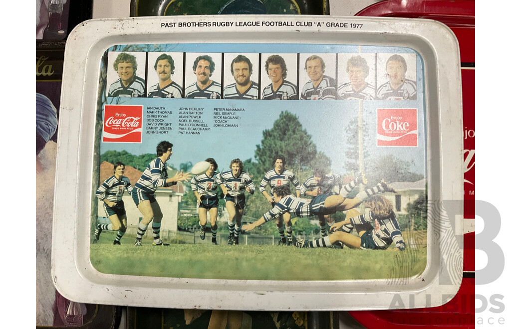 Eight Coca Cola Steel Serving Trays Including Past Brothers Rugby League Football Club ''A'' Grade 1977 and 1970's Reproduction