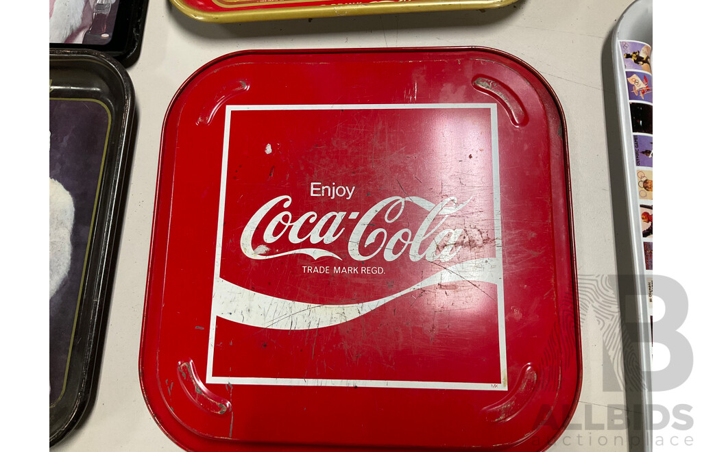 Eight Coca Cola Steel Serving Trays Including Past Brothers Rugby League Football Club ''A'' Grade 1977 and 1970's Reproduction