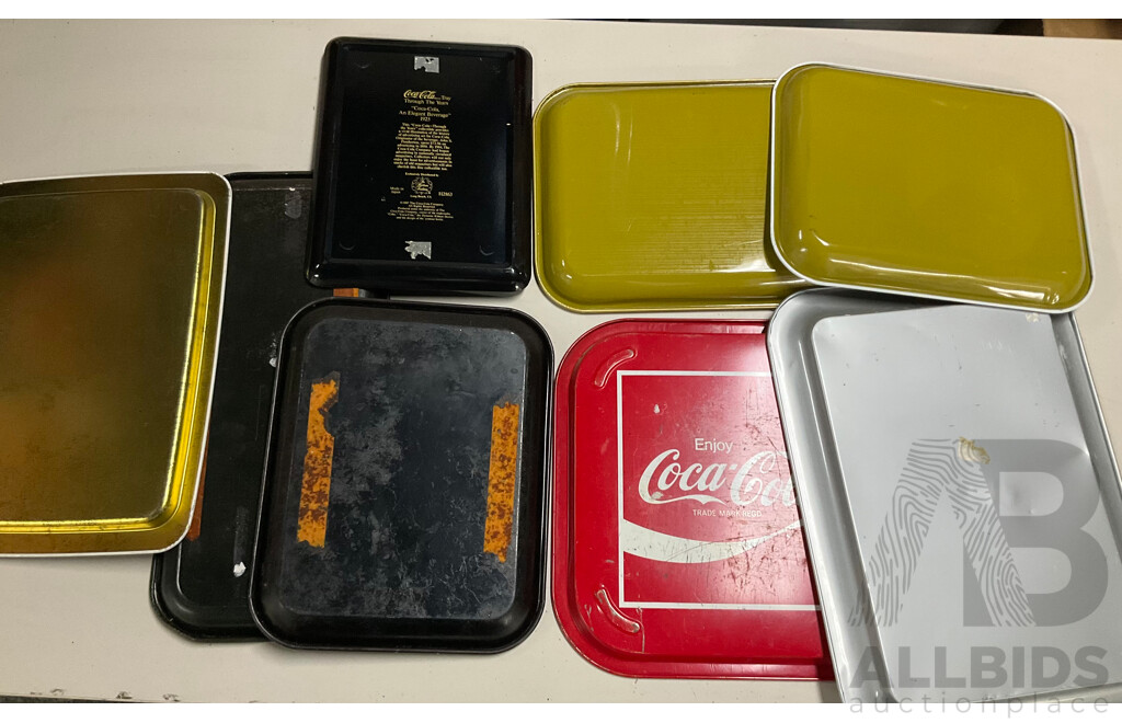 Eight Coca Cola Steel Serving Trays Including Past Brothers Rugby League Football Club ''A'' Grade 1977 and 1970's Reproduction