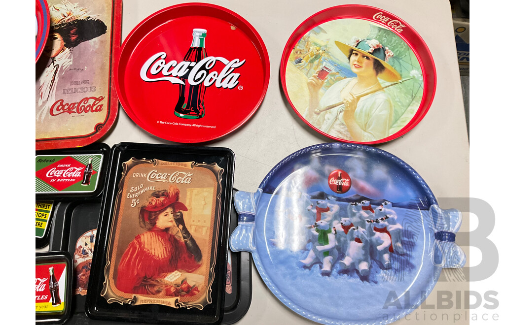 Sixteen Coca Cola Steel and Plastic Serving Trays Including Polar Bears and Classic Advertising