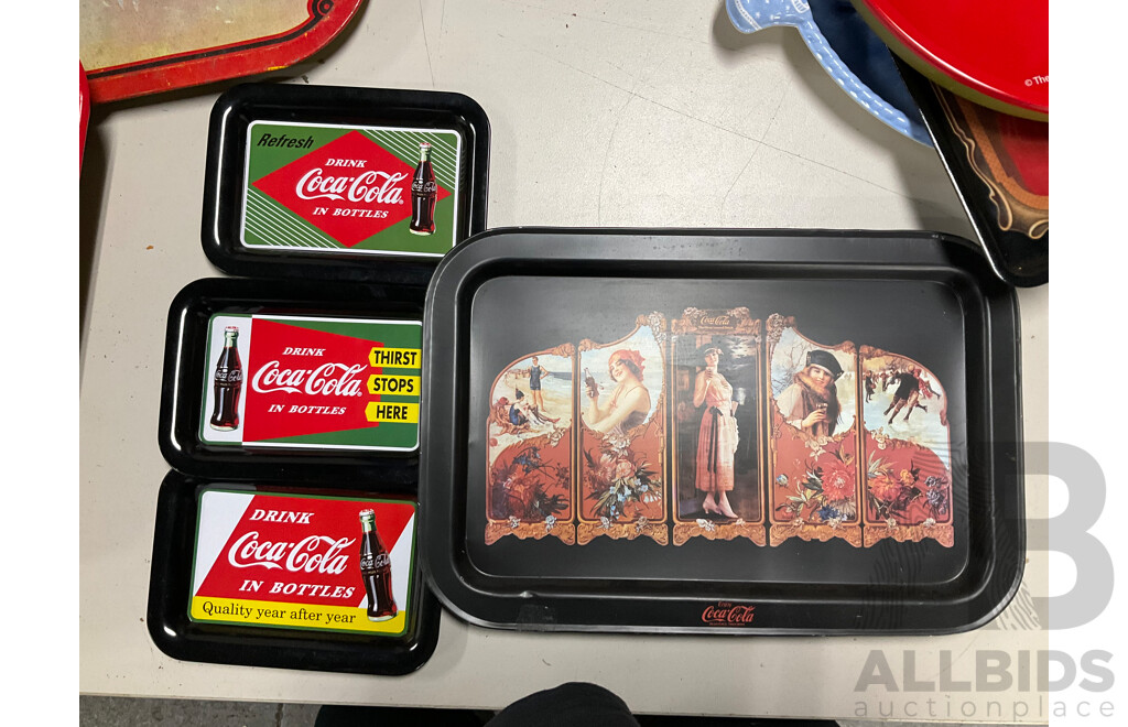 Sixteen Coca Cola Steel and Plastic Serving Trays Including Polar Bears and Classic Advertising