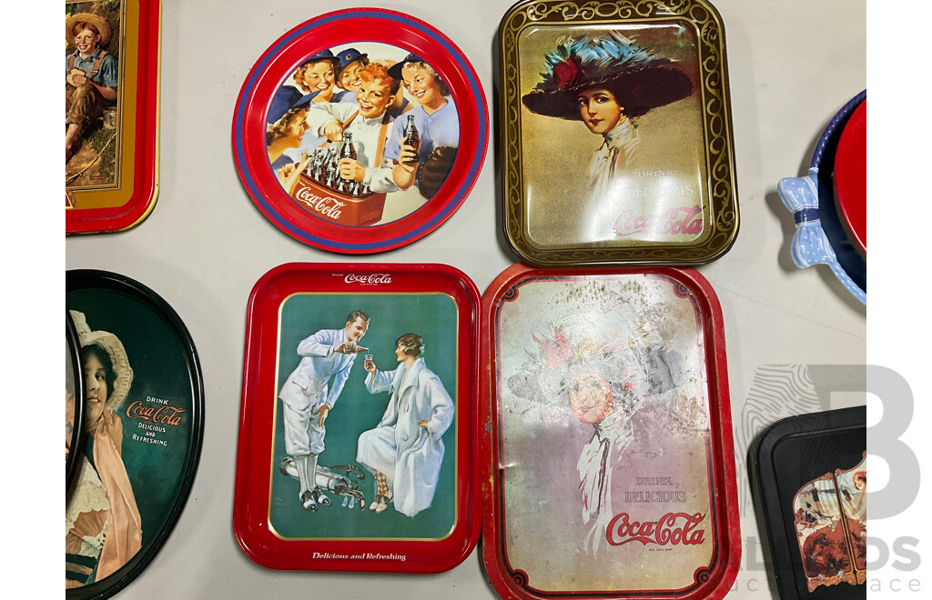 Sixteen Coca Cola Steel and Plastic Serving Trays Including Polar Bears and Classic Advertising