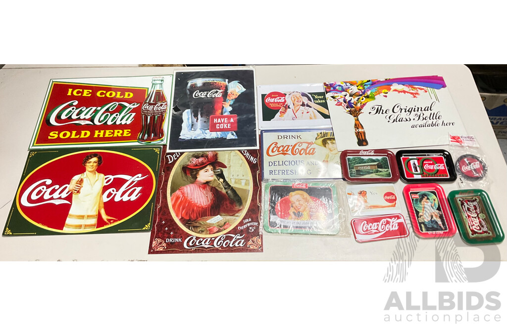 Collection of Coca Cola Steel Advertisement Signs, Plates and Coasters Including Have a Coke and Meet Me at the Soda Fountain