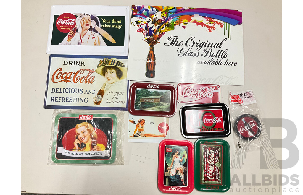 Collection of Coca Cola Steel Advertisement Signs, Plates and Coasters Including Have a Coke and Meet Me at the Soda Fountain