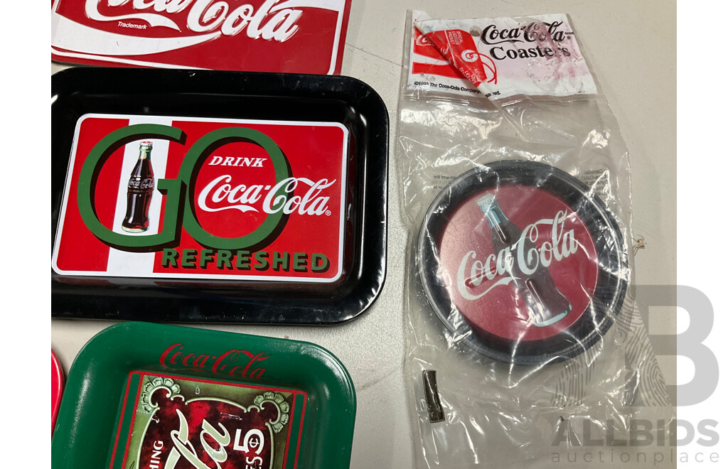 Collection of Coca Cola Steel Advertisement Signs, Plates and Coasters Including Have a Coke and Meet Me at the Soda Fountain