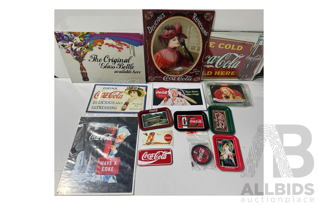 Collection of Coca Cola Steel Advertisement Signs, Plates and Coasters Including Have a Coke and Meet Me at the Soda Fountain