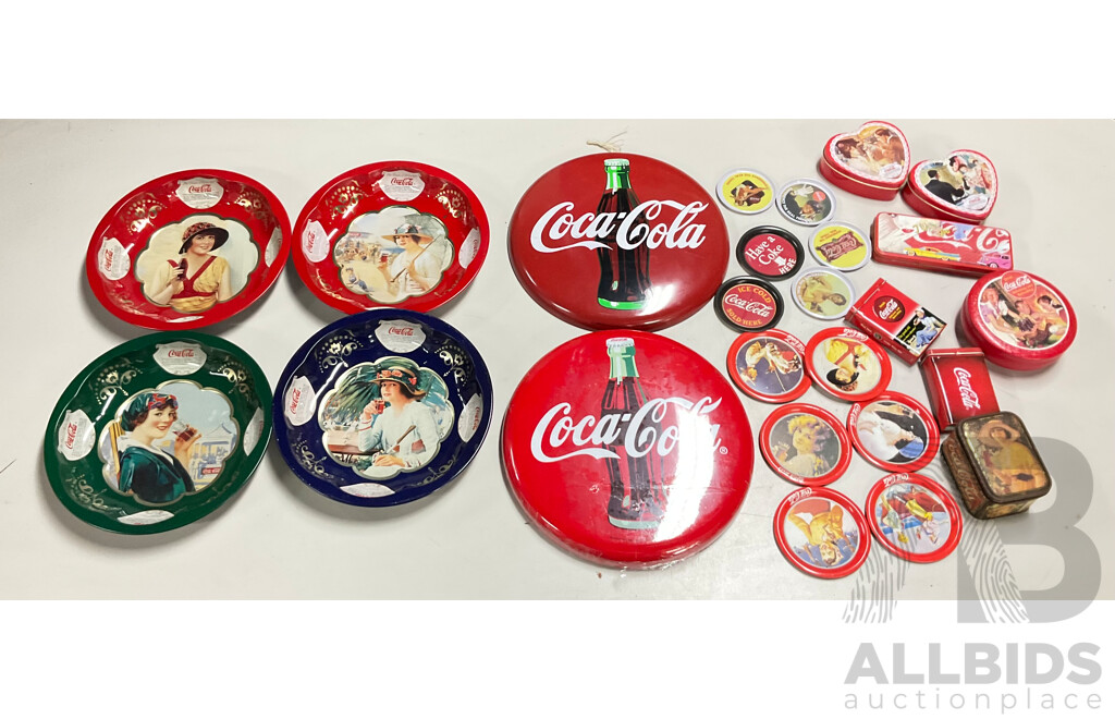 Collection of Coca Cola Steel Dishes, Coasters, Button Signs and Tins