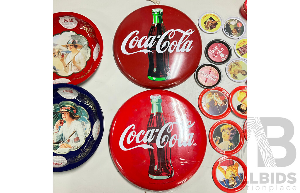 Collection of Coca Cola Steel Dishes, Coasters, Button Signs and Tins