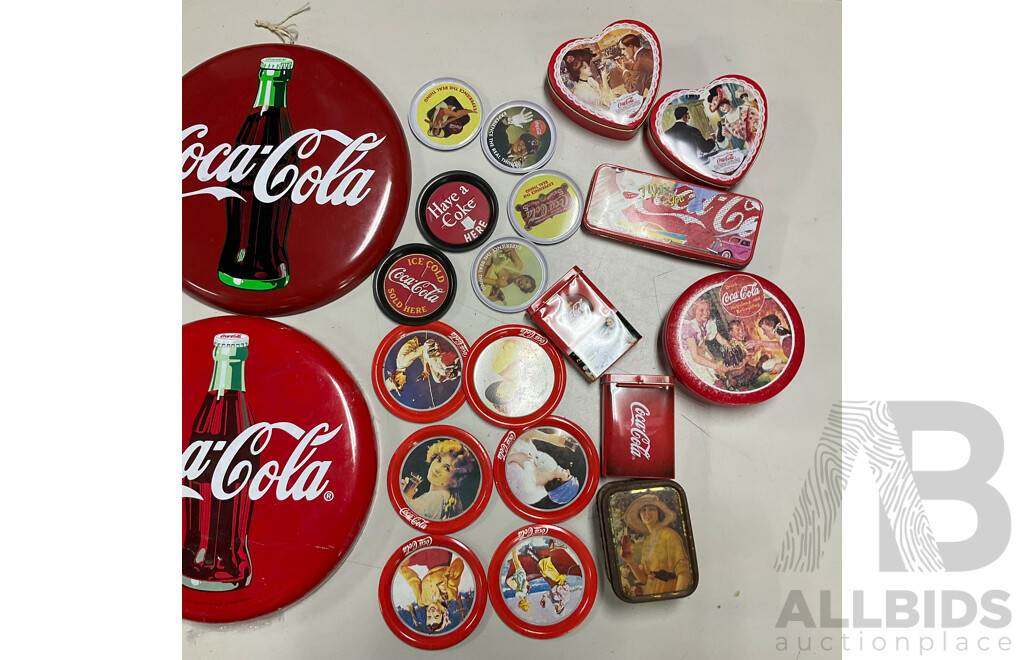 Collection of Coca Cola Steel Dishes, Coasters, Button Signs and Tins