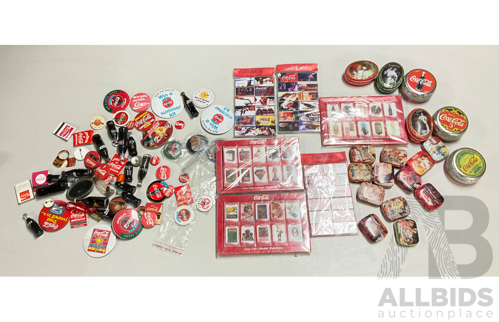 Selection of Coca Cola Pins, Magnets, Mini Bottles, Matchboxes and Tins