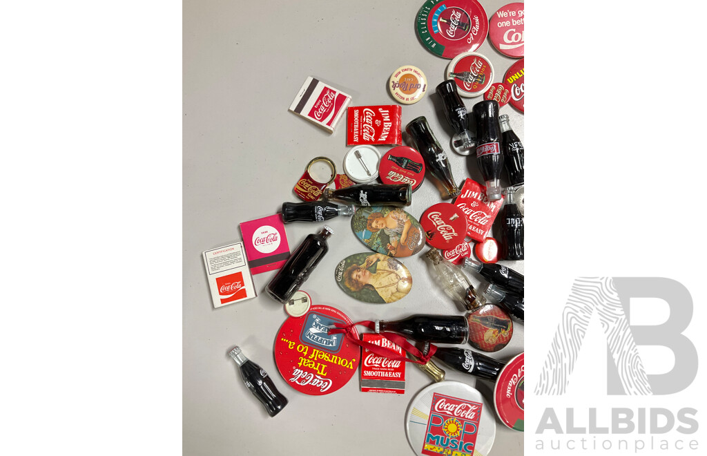 Selection of Coca Cola Pins, Magnets, Mini Bottles, Matchboxes and Tins