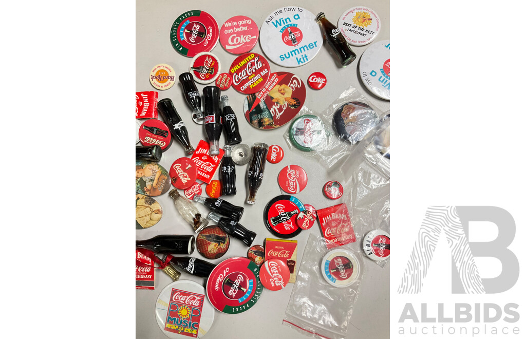 Selection of Coca Cola Pins, Magnets, Mini Bottles, Matchboxes and Tins