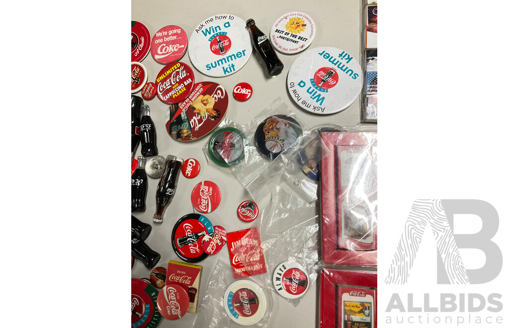 Selection of Coca Cola Pins, Magnets, Mini Bottles, Matchboxes and Tins