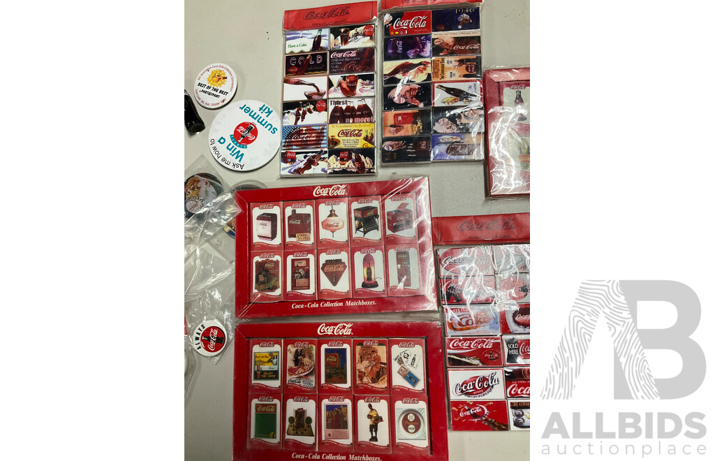 Selection of Coca Cola Pins, Magnets, Mini Bottles, Matchboxes and Tins